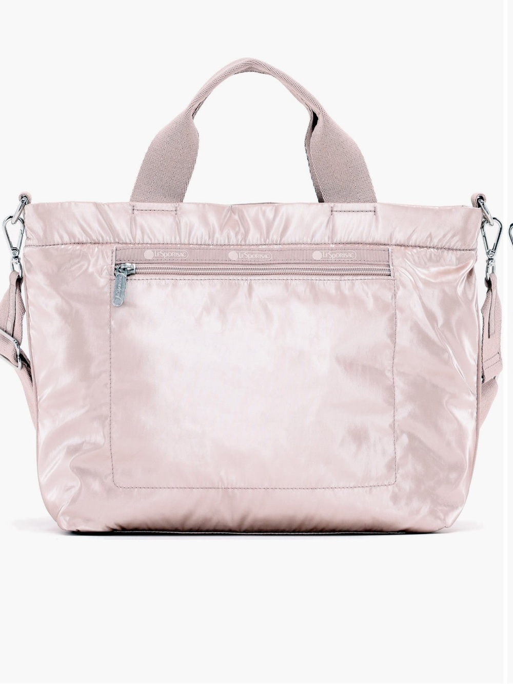 NWT Lesportsac Metallic Pink Quilted Convertible Ziptop tote Removable Strap
